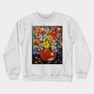 So painted a beautiful bouquet of mixed flowers in a silver vase . Using a natural background colors and metallic paints Crewneck Sweatshirt